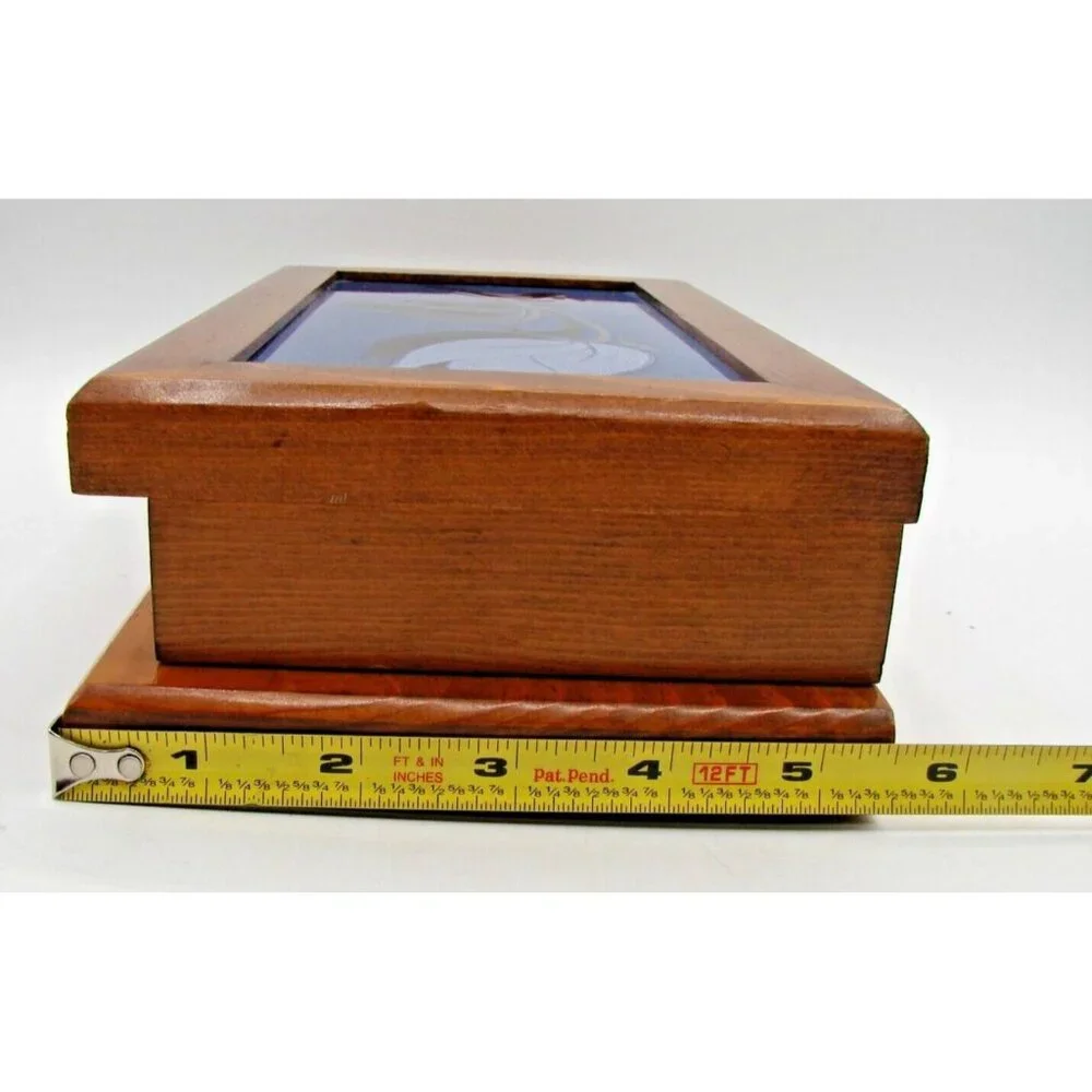 Wooden Jewelry Trinket Box Blue Flower Rose Design Enamel Inlay Hinged 9.5x5.5
